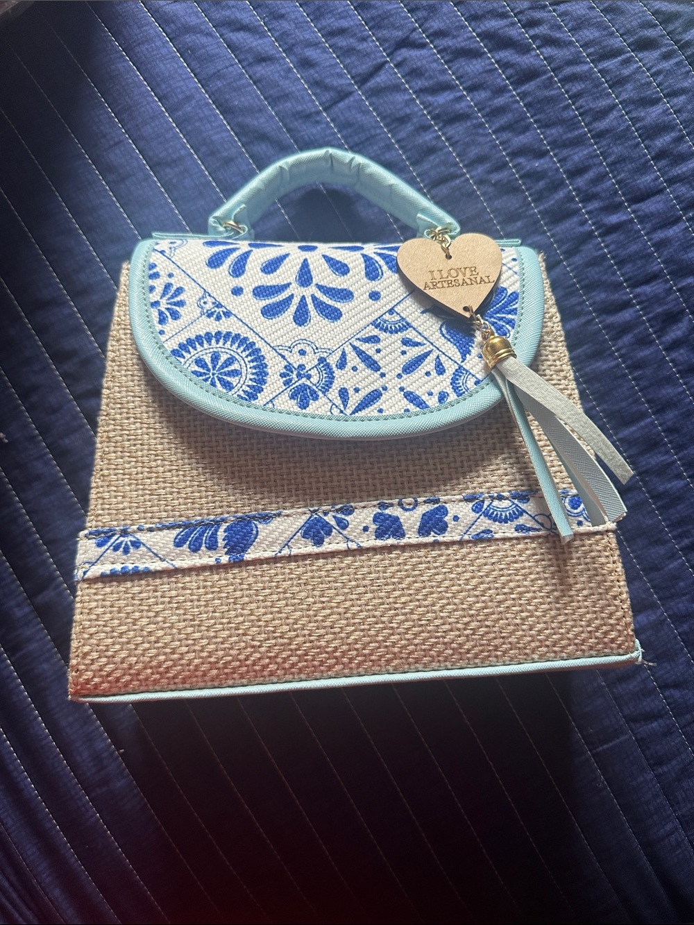 Blue & Natural Woven Tote with Patterned Flap and Tassel